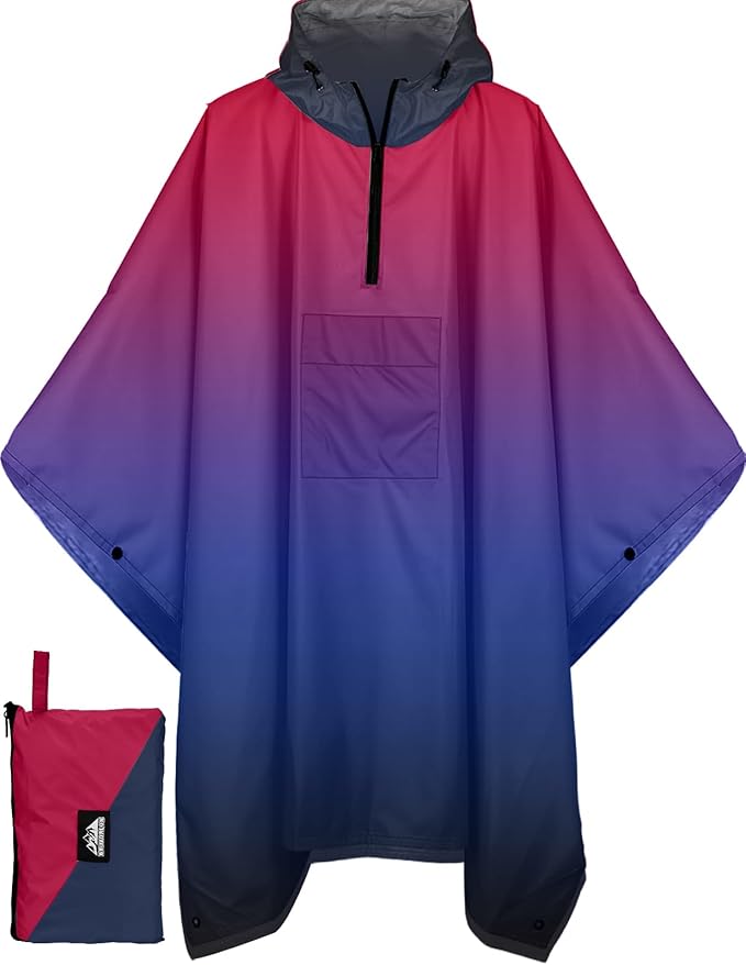Bruvoalon 3-in-1 Rain Poncho with 1/4 Zip & Chest Pocket, Waterproof, Sunshade, Ground Mat for Adults & Youth Emergency