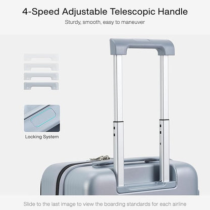 Hanke Grace Carry On Luggage with Wheels Airline Approved Hard Shell Suitcases with Front Pocket，Top Opening Luggage with TSA Lock for Short Business Travel， Grey.