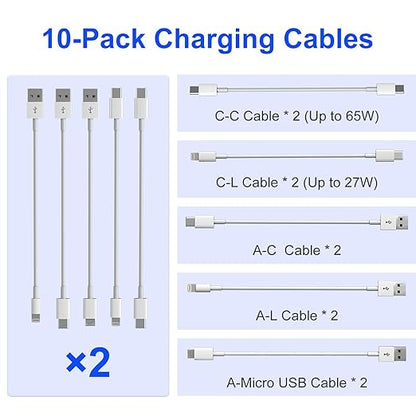 Short Charging Cables - 10-Pack Type C/Lightning/Micro USB 1FT Short Charging Cords Support Fast Charge & Data Sync Compatible with iPhone 17/16/15/14/13/12/11, iPads, iPods, Mobiles, Tablets