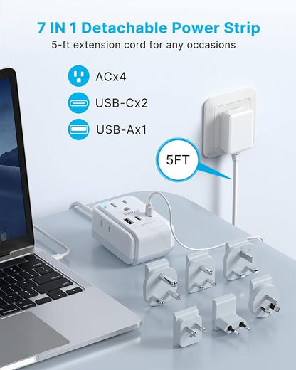VINTAR Universal Travel Adapter Kit, 5ft Detachable Extension Cord with 4 AC Outlets & 3 USB(2 USB C), Type A/C/G/D/I/M International Power Adaptor for US to Europe UK India South Africa Japan