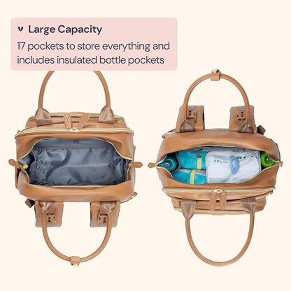 BabbleRoo Leather Diaper Bag Backpack - Baby Essentials Travel Baby Bag, Multi function, Water Resistant, with Changing Pad, Stroller Straps & Pacifier Case – Unisex, Light Brown
