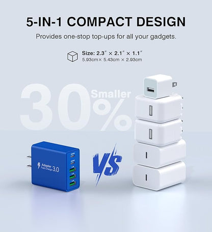 USB C Wall Charger, 60W USB C Charger Block 2-Pack 5-Port PD Fast Charging Blocks,Multiport 2USB C+3USB A Plug,Type C Power Adapter Brick Cube for iPhone 17/16/15/14/13,Samsung,for Switch（Dark Blue）