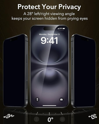ESR Accessory Glass by Corning™ 3 Pack 9H+ Glass for iPhone 16/15 Privacy Screen Protector, Military Grade Shatterproof & Durable with UltraFit Tray