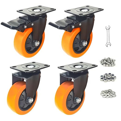 3 Inch Caster Wheels, Heavy Duty Casters Set of 4, Locking Top Plate Casters with Brake, Industrial Swivel Caster Wheels for Furniture and Workbench