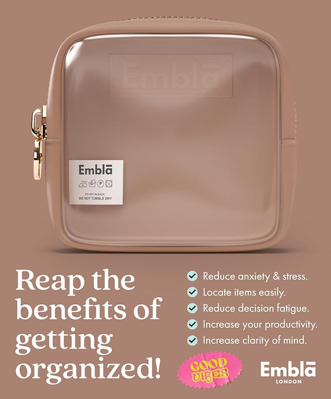 Embla London Makeup Bag Cosmetic Case, Clear Zipper Make Up Pouch and Toiletry Travel Tote, Cute Skincare Pouches for Women Girls, Preppy Purse Cosmetic Organizer, Mini Makeup Bags, Mocha Mousse