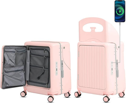 smilesun 22" Carry On Luggage with Seat For Kids & Adults，Hardside Ride On Suitcase Front Opening with 360°Spinner and TSA Lock For Travel (Light Pink with Front Open, 22")