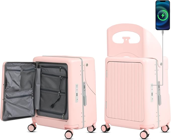 smilesun 20" Carry On Luggage with Seat For Kids & Adults，Hardside Ride On Suitcase Front Opening with 360°Spinner and TSA Lock For Travel (Pink with Front Open, 20")