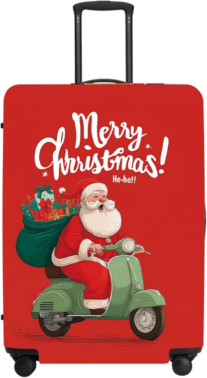 Santa on Scooter Luggage Cover - Christmas Riding Green Scooter with Gifts, Whimsical Modern Holiday Design for 24 26 Inch Travel