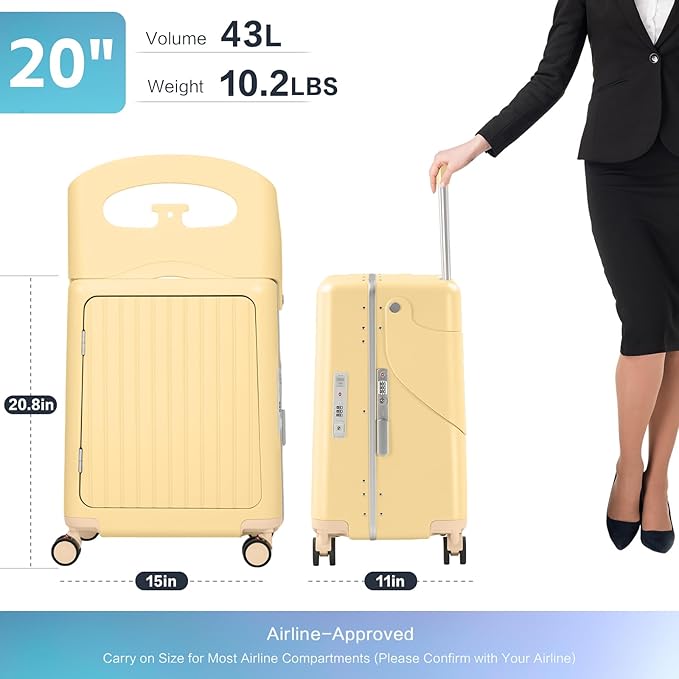 smilesun 20" Carry On Luggage with Seat For Kids & Adults，Hardside Ride On Suitcase Front Opening with 360°Spinner and TSA Lock For Travel (Yellow with Front Open, 20")