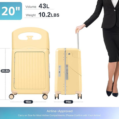 smilesun 20" Carry On Luggage with Seat For Kids & Adults，Hardside Ride On Suitcase Front Opening with 360°Spinner and TSA Lock For Travel (Yellow with Front Open, 20")