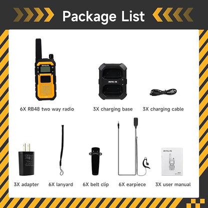Retevis RB48 Walkie Talkies for Adults, Mil-Standards 810H, Waterproof Two Way Radio with G-Type Earpiece, 2-Meter Dropproof, VOX, Vibration Reminder, Emergency Alert, for Construction Site(6 Pack)