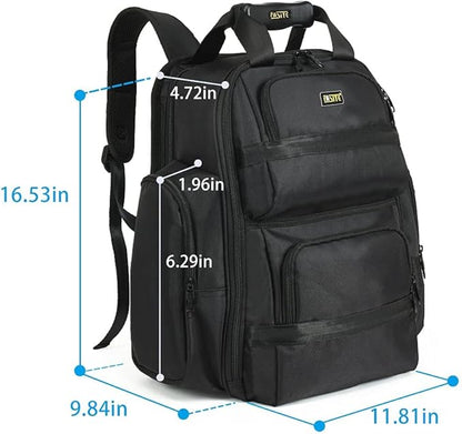 FASITE Tool Bag Backpack - Heavy Duty Professional Storage & Organizer for Contractor, Electrician, Plumber, HVAC, Large Front Flap Fit 13" -17" Laptops Notebook, Black