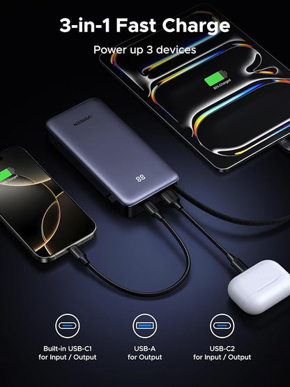 UGREEN Nexode Power Bank 20000mAh 45W with Built-in Cable, Fast Charging Portable Charger for iPhone 17 Pro/Samsung S25 Ultra/iPad Pro, 3-Port External Battery Pack with Digital Display, Travel Ready