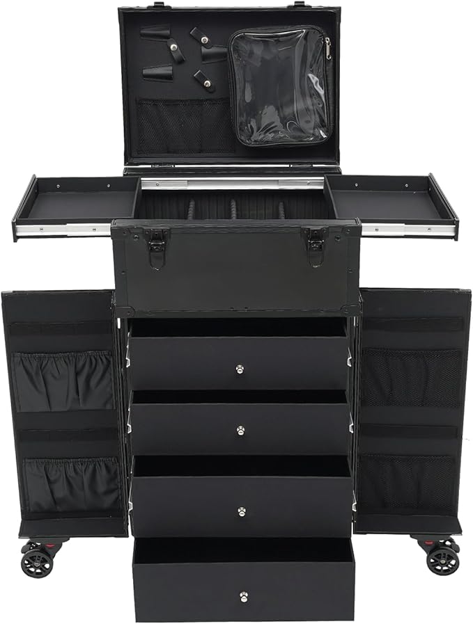 Professional Rolling Makeup Case 4 Drawers Pro Artist Cosmetic Train Cases Hairstylist Travel Case with Multiple Compartments & Hair Dryer Holder