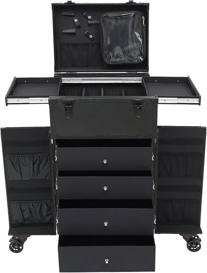 Professional Rolling Makeup Case 4 Drawers Pro Artist Cosmetic Train Cases Hairstylist Travel Case with Multiple Compartments & Hair Dryer Holder