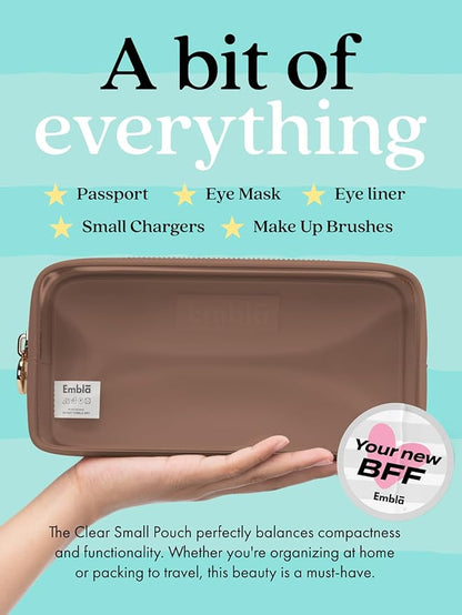 Embla London Makeup Bag Cosmetic Case, Clear Zipper Make Up Pouch and Toiletry Travel Tote, Cute Skincare Pouches for Women Girls, Preppy Purse Cosmetic Organizer, Small Makeup Bags, Mocha Mousse