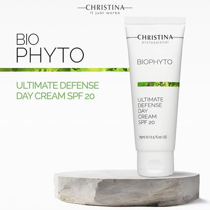 Christina Bio Phyto Ultimate Defense Day Cream Moisturizer with SPF 20-75 ml - Broad Spectrum UVA/UVB Protection Facial Moisturizer with Hyaluronic Acid & Vitamin B12- For Normal & Combination Skin