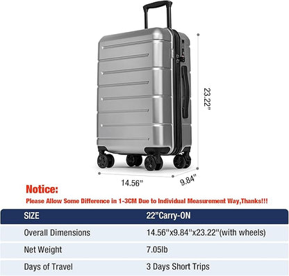 KYME Carry On Luggage 22x14x9 Airline Approved with Cup Holder Hardside Carry On Suitcase with Spinner Wheels Hardshell Travel Rolling 22 Inch Luggage with TSA Lock for Women Men Silver