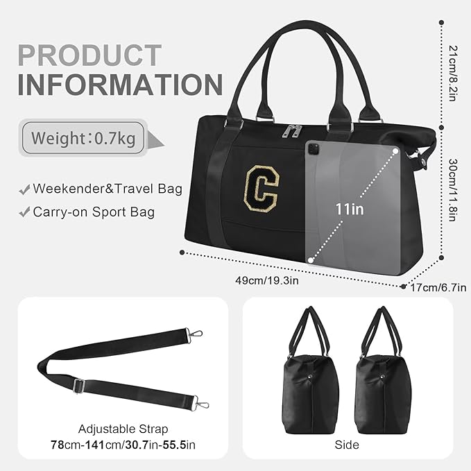 Dance Gym Duffel Bag for Teen Girls, Personalized Initial Travel Weekender Bag,Cute Overnight Carry On Duffle for Women,Sports Travel Cheer Bag,Monogram Christmas Gifts for Tween Preppy(black-C)