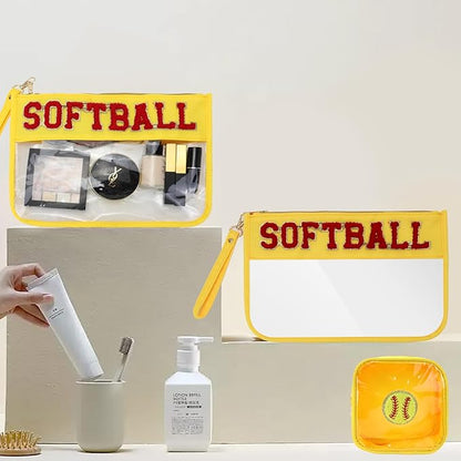 2 Pcs Softball Gifts Makeup Bag with Chenille Letter Patch,with Handles Softball PVC Waterproof Clear Makeup Bag,Portable Toiletry Storage Bag,Players & Fans Birthday, Team or Sports Lover Presents
