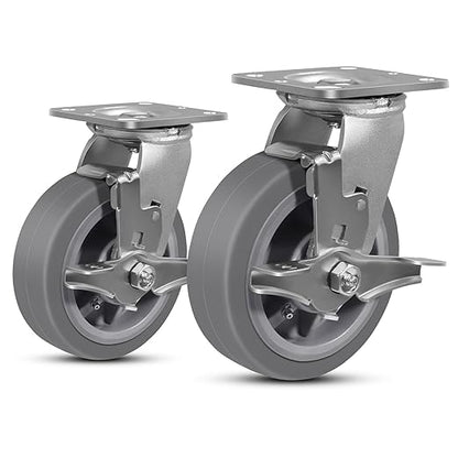 6 Inch Rubber Wheels (Flat Tread)- Heavy Duty Casters, Industrial Caster Wheels- with up to 1000 LB Capacity- Use for Dollies, Utility and Maintenance Carts(2 Brake)
