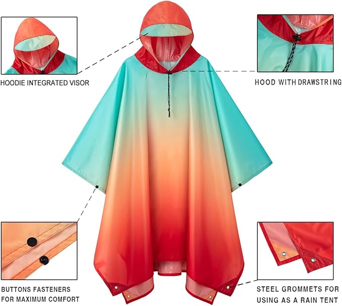 Hooded Rain Poncho for Adult, Waterproof Lightweight Raincoat for Hiking Camping