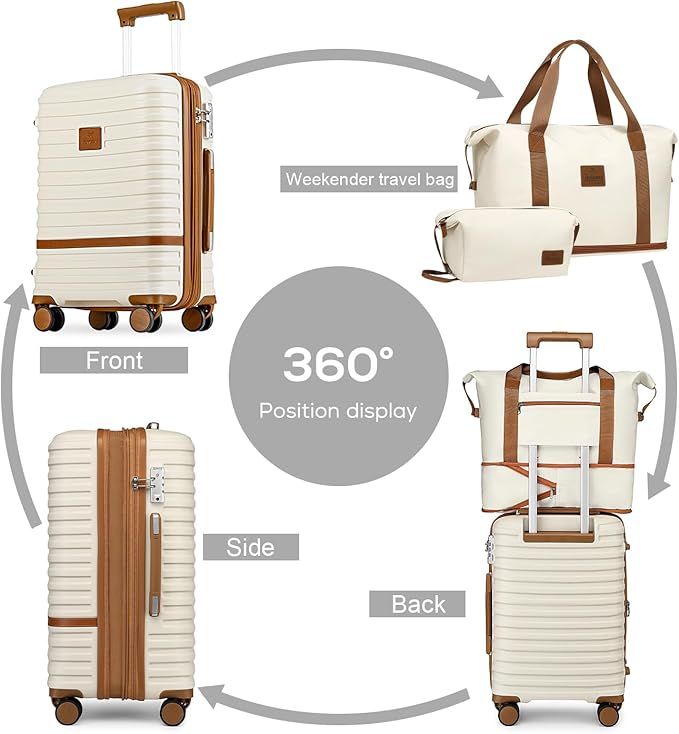 Joyway Luggage Set 3 Piece Suitcase Sets with Spinner Wheel,Hardside Expandable Travel Laggage with TSA Lock (13/20/24/28 White brown