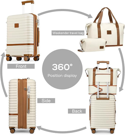 Joyway Luggage Set 3 Piece Suitcase Sets with Spinner Wheel,Hardside Expandable Travel Laggage with TSA Lock (13/20/24/28 White brown