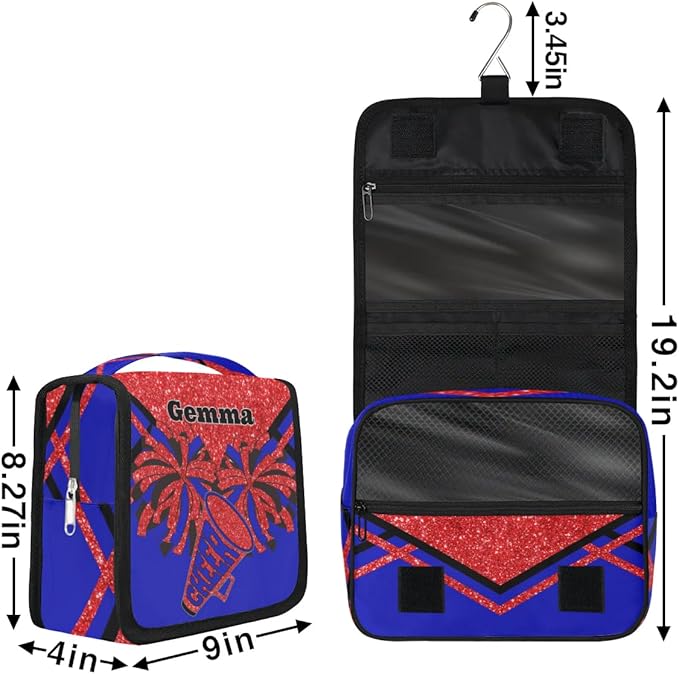 Custom Hanging Toiletry Bag for Women, Cheer Makeup Bag, Cosmetic Bag, Travel Essentials for Women Red Sequins Glitter Black Royal Blue