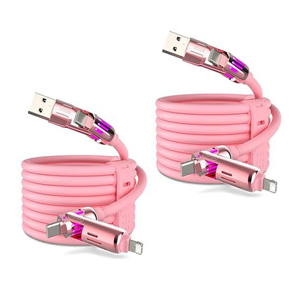 MFish 240W 4-in-1 Universal USB Charging Cable [2 Pack, 6.6ft] – Fast Charger Cord with USB-A, Dual USB-C & Lighting, for iPhone 14/15/16/17 Series, iPad & MacBook & More (2PACK, Pink+Pink, 6.6Ft)