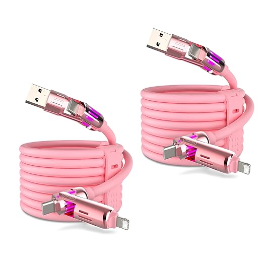 MFish 240W 4-in-1 Universal USB Charging Cable [2 Pack, 6.6ft] – Fast Charger Cord with USB-A, Dual USB-C & Lighting, for iPhone 14/15/16/17 Series, iPad & MacBook & More (2PACK, Pink+Pink, 6.6Ft)