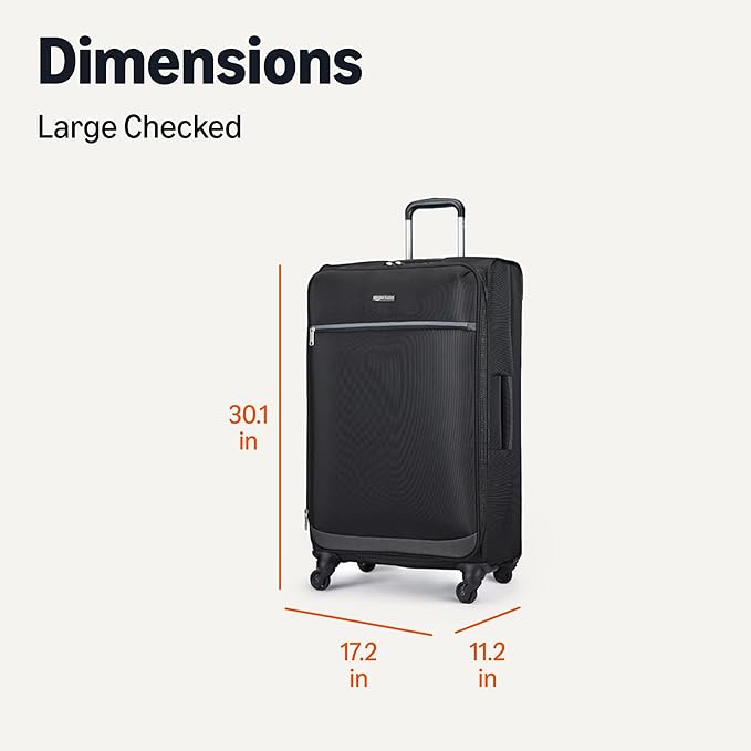 Amazon Basics Luggage, 28" Large Checked Softside Suitcase With Wheels, With Four 360-Degree Multi-directional Spinner Wheels, Expandable Capacity, Zippered Pocket and Straps, Telescopic Handle, Black