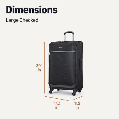 Amazon Basics Luggage, 28" Large Checked Softside Suitcase With Wheels, With Four 360-Degree Multi-directional Spinner Wheels, Expandable Capacity, Zippered Pocket and Straps, Telescopic Handle, Black