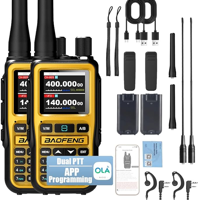 Baofeng UV-5R Mini Dual Band Radio - 5W 2-Way Radio w/999CH | Bluetooth & NOAA Weather | USB-C Charging | Emergency Kit for Camping, Hunting (2 Pack) (Yellow)