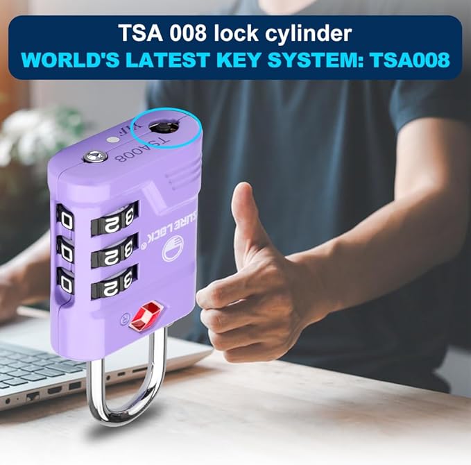 SURE LOCK TSA Locks for Luggage, TSA Approved Luggage Locks with Open Alert, 008 Key for High Security, Easy Read Dials, Zinc Alloy Body, Locker Lock for Suitcase, Gym, Travel. (Purple 4 pk)