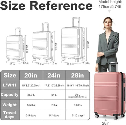 Kono 28 Inch Luggage Expandable Suitcase with Spinner Wheels TSA Lock Lightweight PC+ABS Hardside Large Checked Luggage Durable Rolling Suitcase Nude/Rose Pink
