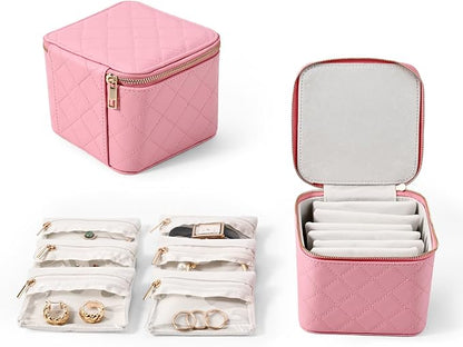 Travel Jewelry Box Organizer - Small Jewelry Case with 6 Small Velvet Zipped Pouches Pockets for Jewelry Necklaces Rings Earrings Storage(Pink)