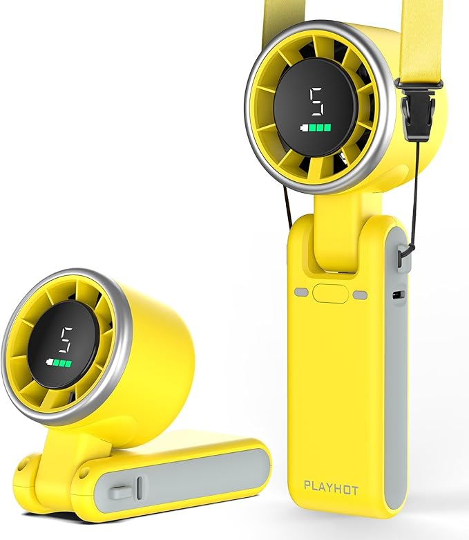 Portable Handheld Turbo Fan, 5-Speed Personal Fans, 5000mAh Rechargeable Fans Up to 12 Hours, Weight only 0.6lb Small Fan, Hand/Neck/Desk Fan 3 IN 1, Beach Vacation Essentials(Yellow)