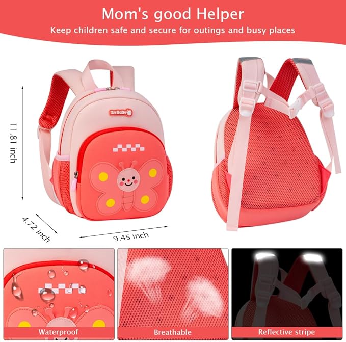Padgene Toddler Harness Backpacks Safety Leash Kids Anti Lost Kindergarten Preschool Backpack Neoprene Lightweight Animal Schoolbag 3D Cartoon Butterfly Mini Travel Bag for Boys Girls Ages 3-5