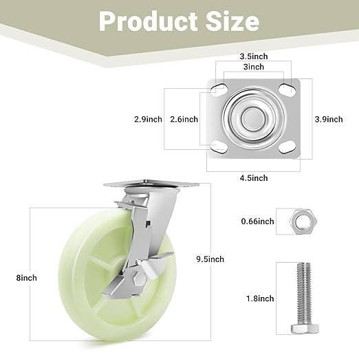 W B D WEIBIDA Heavy Duty Caster Wheels 8 Inch - 6000 LBS, PP Plate Castor Set of 4 with Double Ball Bearings, Non-Marking Quiet Industrial Swivel Casters for Hand Trucks, Carts, Industrial Equipment
