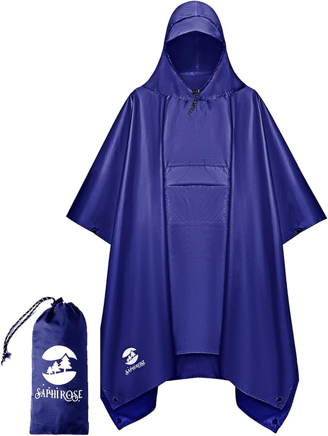 SaphiRose Extra Thick Hooded Rain Poncho Double Layer Waterproof Raincoat Jacket for Men Women Adults