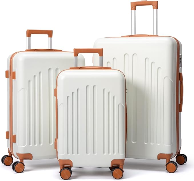 Karl home Luggage Sets 3 Piece, ABS Hardside Suitcase Set with Double Spinner Wheels & TSA Lock for Travel Business, 3-Piece Set (20/24/28), White & Brown