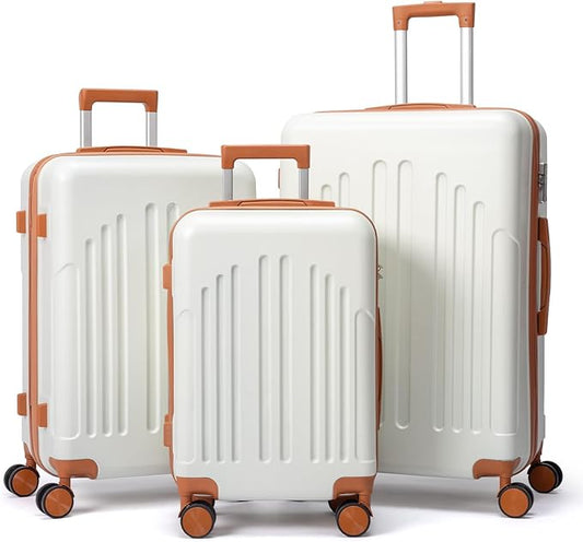 Karl home Luggage Sets 3 Piece, ABS Hardside Suitcase Set with Double Spinner Wheels & TSA Lock for Travel Business, 3-Piece Set (20/24/28), White & Brown