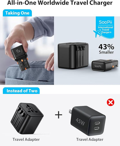 SooPii Gan USB C Charger 45W, 2 Port PD PPS Universal Travel Adapter, All-in-One Travel Charger with US UK EU AU Plug for for Galaxy S25/S24/Note 20, iPhone 16/15/14, iPad, MacBook, Pixel