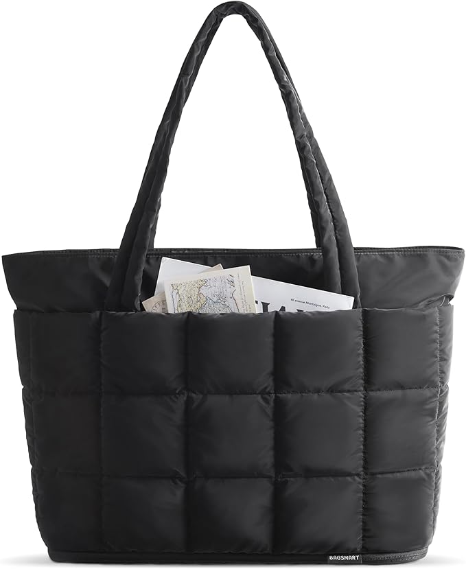 BAGSMART Expandable Tote Bag for Women, Puffer Work Tote Handbag, Quilted Carry On Bag for Travel Gym