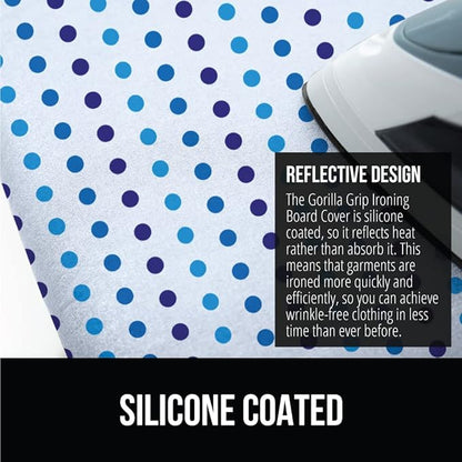 GORILLA GRIP The Original Ironing Board Cover and Pad, Silicone Coating, Thick Scorch Resistant Padding, Heavy Duty Iron Covers Standard Boards, Hook and Loop Fastener Strap, Blue Dots, 15x54