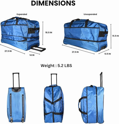 Rolling Duffel Bag Foldable Expandable Weekender Travel 28" (Blue)