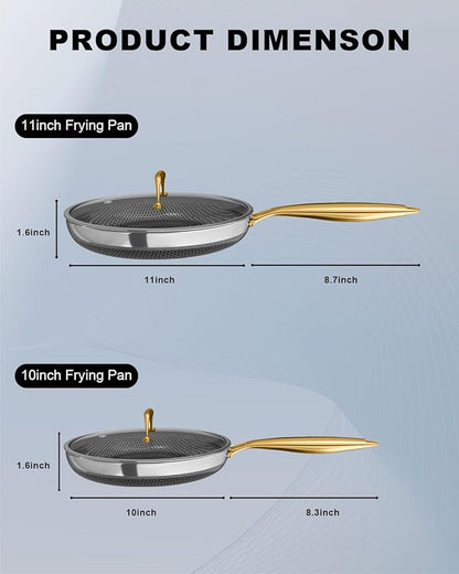 Fogdream 10“11” Non Stick Frying Pans, Stainless Steel Skillet with Lid, Tri-Ply Stainless Steel for All Cooktops, Dishwasher and Oven-Safe Cooking Pan, Stay-Cool Handle, Gold