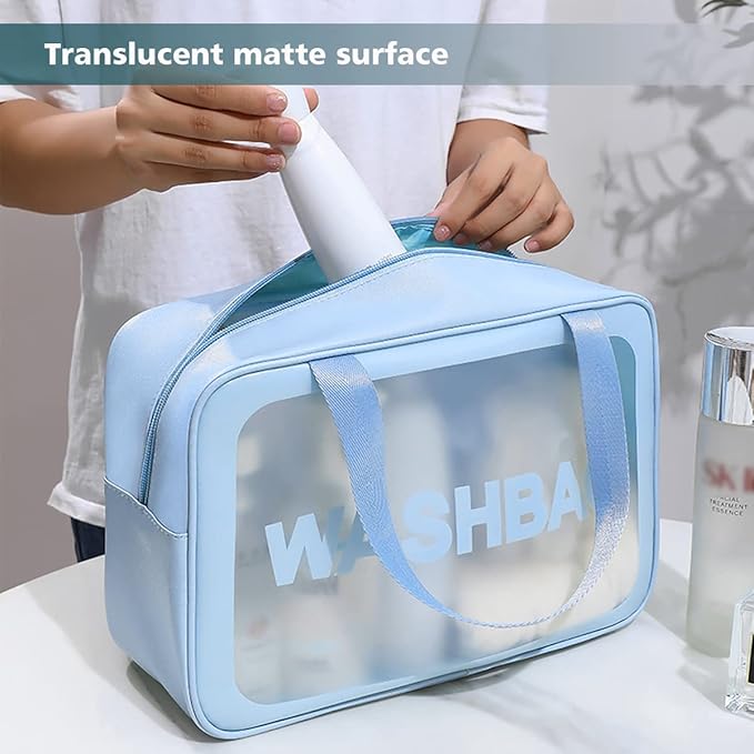 Travel Toiletry Bag for Women and Men, Matte Translucent Toiletry Bag with Handy Handle, Makeup Cosmetic Organizer Bag for Travel Toiletries Accessories (Blue)