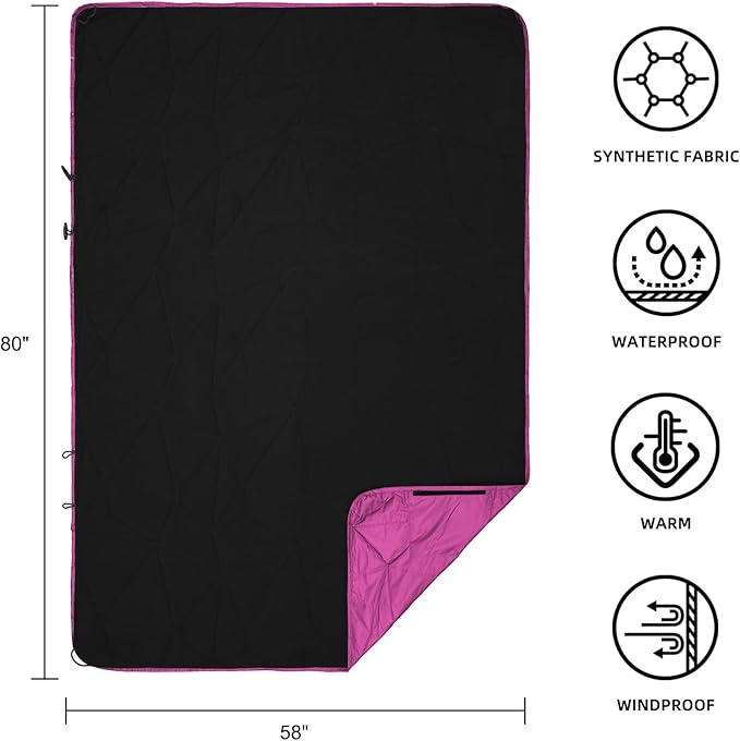 Outdoor Waterproof Blanket, Foldable Fleece Stadium Blanket for Outdoor Sports Event, Camping, Car, Pet, Picnics - Windproof, Wearable, Machine Washable 80" x 58" (Rose Purple)